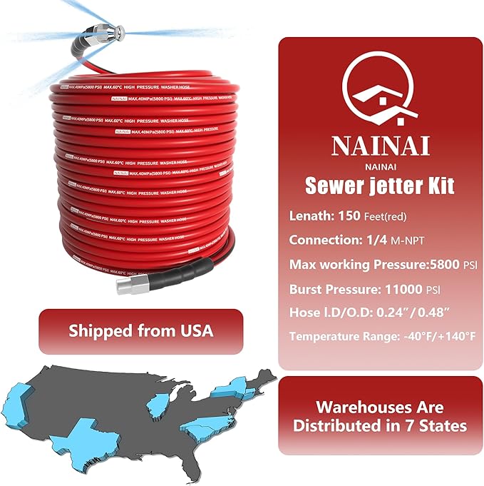 NaiNai 150FT Sewer Jetter Kit for Pressure Washer,1/4 Inch NPT Sewer Jetting Hose,Pressure Washer Drain Cleaner Hose 5800PSI with Sewer Jetter Nozzles, Gloves, Waterproof Tape, Apron (150FT)