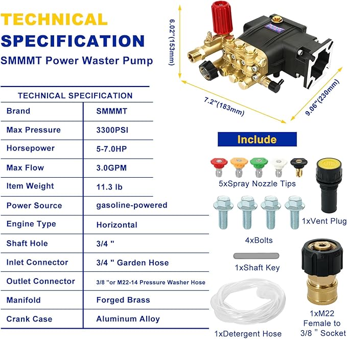 3/4" Shaft Horizontal Triplex Pressure Washer Pump, Replacement Power Washer Pump 2600-3300 PSI,3GPM,Two Kinds of Water Outlet Interfaces,Compatible with Simpson, Honda, Homelite, Troybilt etc.