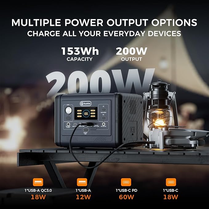 Flashfish 200W Portable Power Station - 153Wh LiFePO4 Battery, 400W Surge, Pure Sine WaveAC Outlets, 60W PD USB-C, Fast Recharge, Solar Generator for Home, Camping & Emergencies