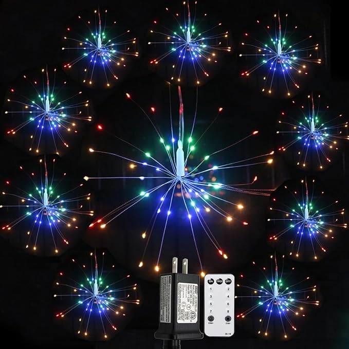 Remote Firework LED Copper Wire Starburst Lights - 10 Connection 600 LED Fairy Twinkle String Lights - 8 Modes With Remote Control, Dimming, Timer (Colorful)