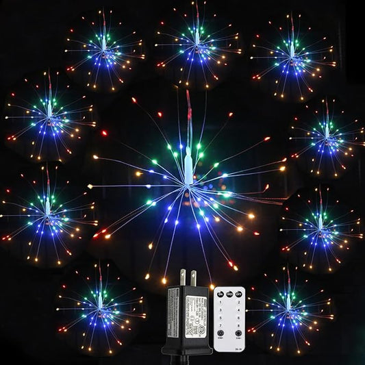 Remote Firework LED Copper Wire Starburst Lights - 10 Connection 600 LED Fairy Twinkle String Lights - 8 Modes With Remote Control, Dimming, Timer (Colorful)