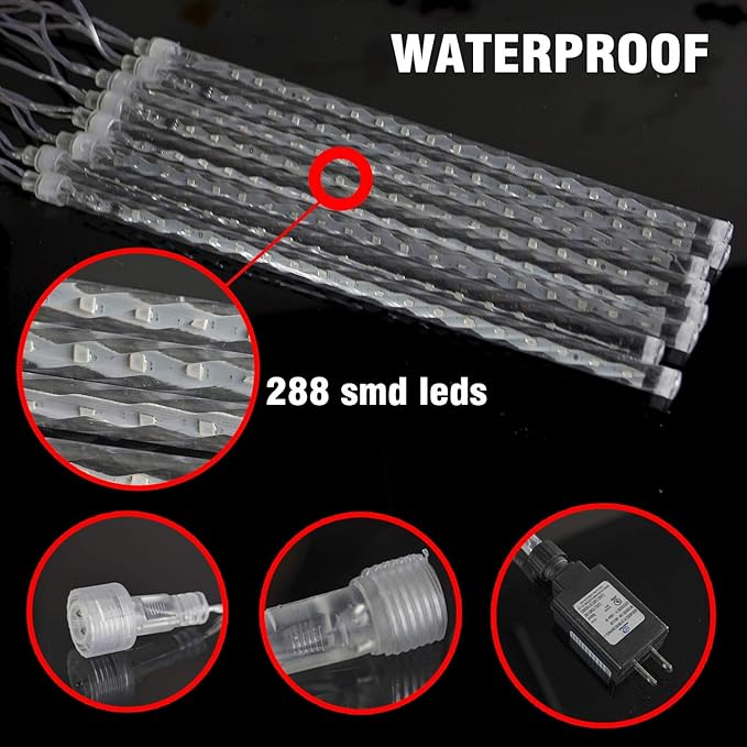 FUNPENY Meteor Shower Rain Lights, 288 LED Christmas Lights Icicle Snow Falling Outdoor Raindrop Light, Xmas Tree Holiday Christmas Halloween Decoration, Warm White