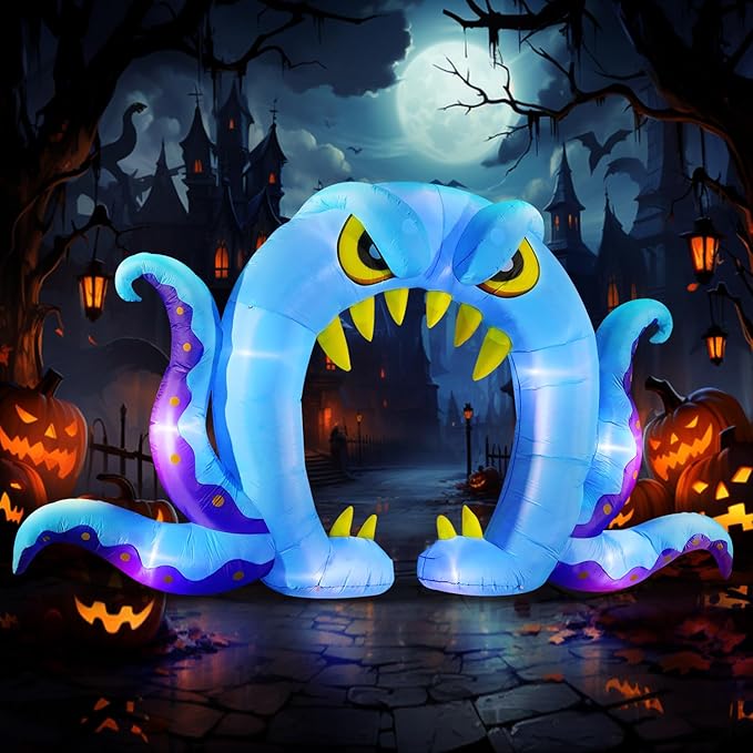 DomKom Halloween Inflatable Blow Up Decorations, 16FT Long 8FT Tall Blue Monster Octopus Archway, Built-in LEDs for Holiday Party, Garden, Lawn, Yard, Patio Décor
