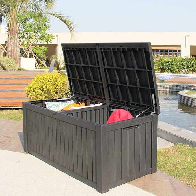BTEXPERT 150 Gallon Outdoor Storage Container Deck Box with Metal Support Rods for Patio Furniture Garden Tools Cushions Waterproof Lockable UV Resistant Resin