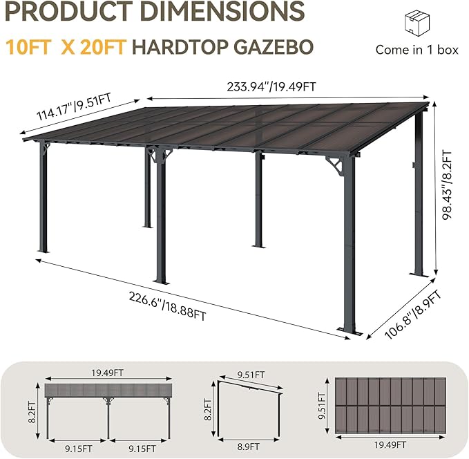 Aoxun 20' x 10' Gazebo for Patio, Gazebo Pergola with Sloped Roof, Large Wall-Mounted Heavy Duty Awnings, for Backyard, Deck, Patio (Black)