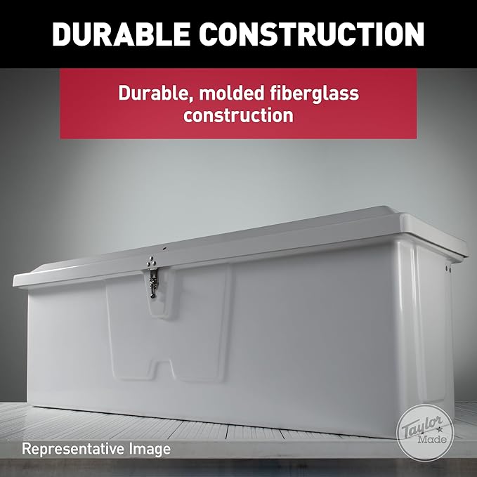 TAYLOR MADE PRODUCTS Stow 'N Go Medium Fiberglass Dock Box, White (24"H x 72"W x 23"D) – Fiberglass construction, UV gelcoat finish, stainless steel lockable latch and hardware – 2020108642