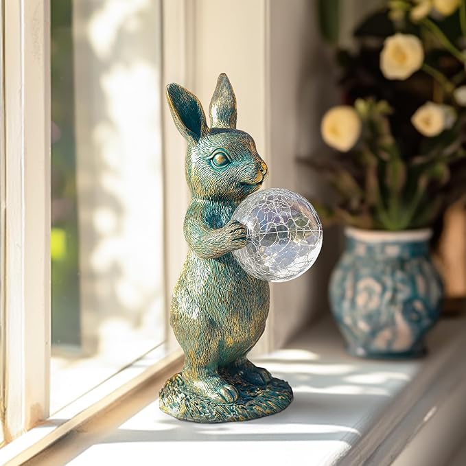 MININOVA Garden Outdoor Statues Rabbit with Solar Light Bunny Figurines Decorations with Wider Base & Reinforced Weight for Patio Yard Lawn Ornaments Gifts for Birthday Christmas Housewarming