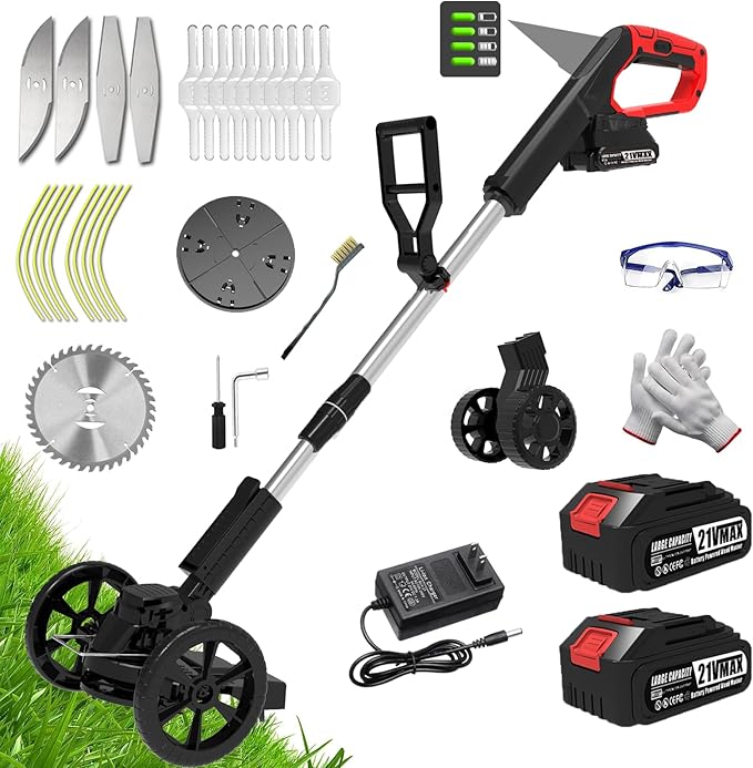 Weed Wacker Battery Powered, Electric Cordless Weed Trimmer with 21V Battery Operated & Charger & 25 Blades, No-String Brush Cutter/Lawn Edger/Grass Trimmer for Garden Yard