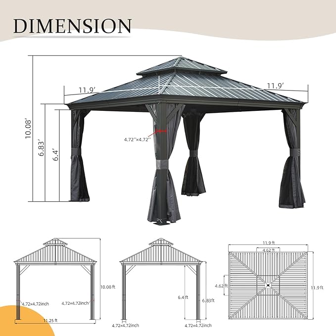 Domi 12' X 12' Hardtop Gazebo Outdoor Metal Gazebo with Galvanized Steel Double Roof Canopy, Aluminum Frame, Curtains and Netting for Patio, Deck, Garden, Grey