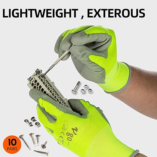 Vgo... 10-Pairs Safety Work Gloves, Gardening Gloves, Polyurethane Coated, Dipping Gloves, Latex Free (Size M, Yellow, PU2103)