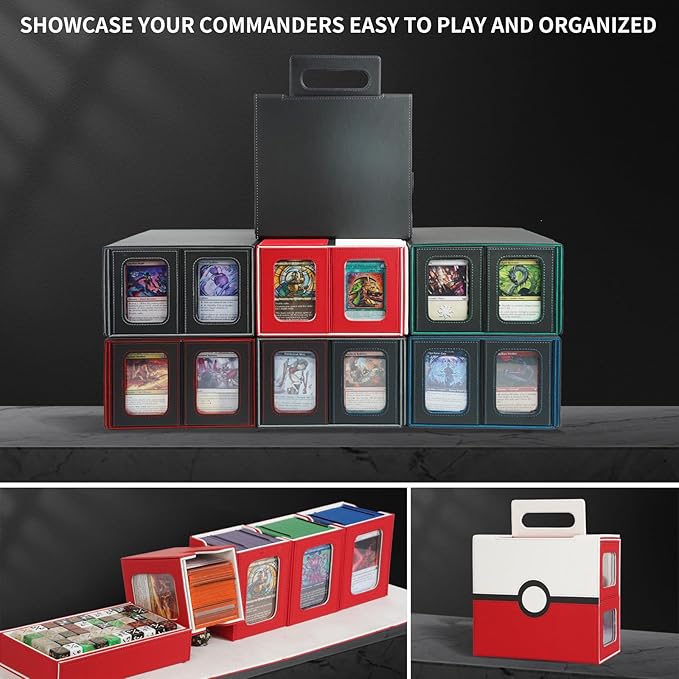 AFIING Commander Deck Box for MTG/EDH, Fits 400+ Double-Sleeved Cards, with Display Window, 4 Removable Deck Cases, Dividers, Dice Tray & Handle, Card Holders for TCG (White Red)
