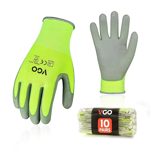 Vgo... 10-Pairs Safety Work Gloves, Gardening Gloves, Polyurethane Coated, Dipping Gloves, Latex Free (Size XL, Yellow, PU2103)