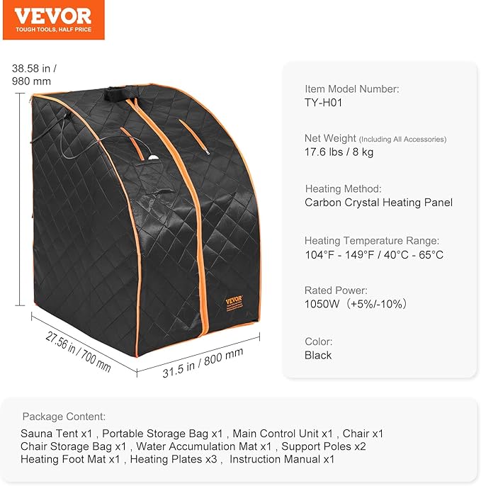 VEVOR Infrared Portable Sauna Tent, 1050W Personal Sauna Kit for Home Spa, Heated Body Therapy, Time & Temperature Remote Control with Chair & Floor Mat & Storage Bag, Black, 2.2’x 2.6’x 3.2’