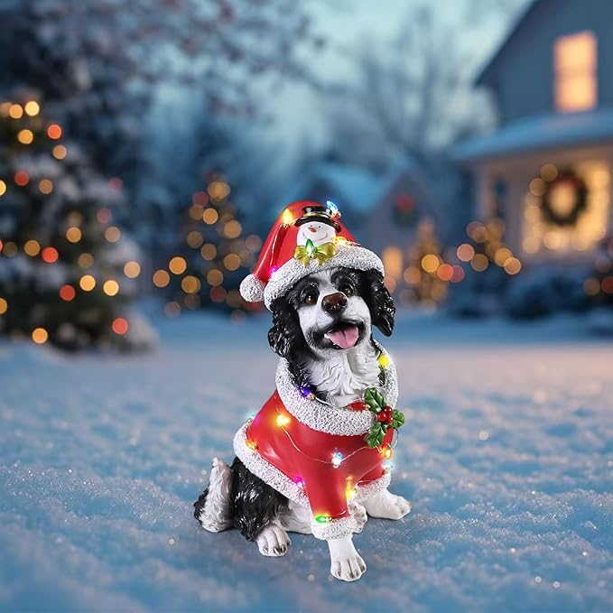 Christmas Outdoor Decoration Dog Statue, LED Light Cute Springer Spaniel Dog Sculpture with Santa Outfit & Lights for Garden and Yard, Indoor Holiday Décor Gift for mom and dad