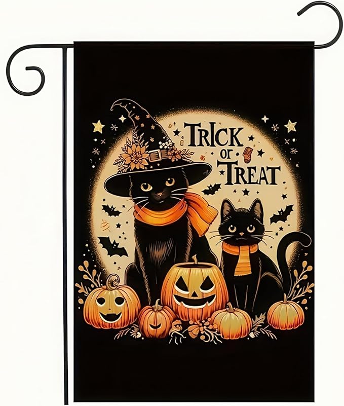 Halloween Ghost Black Cat Garden Flag 12 x 18 Inch Double Sided Spooky Pumpkin Welcome Yard Flag Holiday Seasonal Outdoor Outside Decoration Halloween Cat Garden Flag