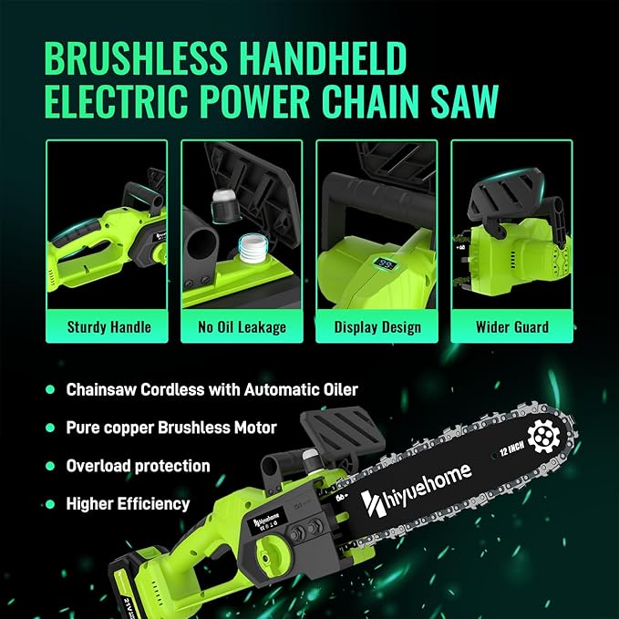 Mini Chainsaw 12inch, Chainsaw Cordless w Automatic Oiler, Handheld Electric Power Chain Saw w Security Lock, Brushless Motor,Chainsaws for Wood/Trees Trimming (Green - 2 batteries, 12 INch)