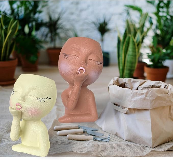 Smiley Face Flower Pot Head Planter for Indoor Outdoor Planter, Girl Statue Flower Pot, Cute Lady Plant Pot, Female Statue Vases with Faces,Succulent Garden Pot with Drainage, Brown