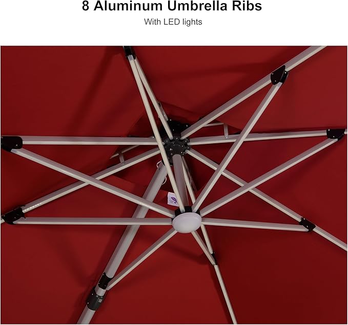 PURPLE LEAF 9' X 12' Solar Powered LED Square Cantilever Umbrella With Base Patio Umbrellas Windproof Hanging Umbrella Outdoor Umbrellas, Terra