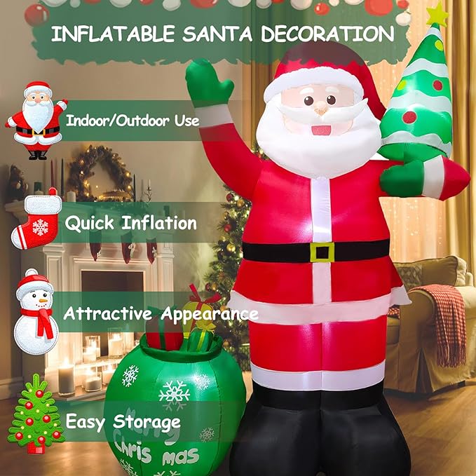 8FT Christmas Inflatables Santa Claus with Christmas Tree ＆ Gift Bag Christmas Blow up Decoration with Built-in 6 LED Lights Large Xmas Blow up Santa Claus for Yard Party, Xmas New Year Kids Gifts