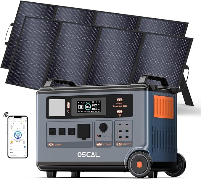 OSCAL PowerMax 6000 Solar Generator with 2x400W Solar Panel, 120V/240V Split Phase Voltage 6000W AC Outlets (7200W Peak), 2200W AC Charging/2400W PV Charging for Home, Emergency, Bank Battery Backup