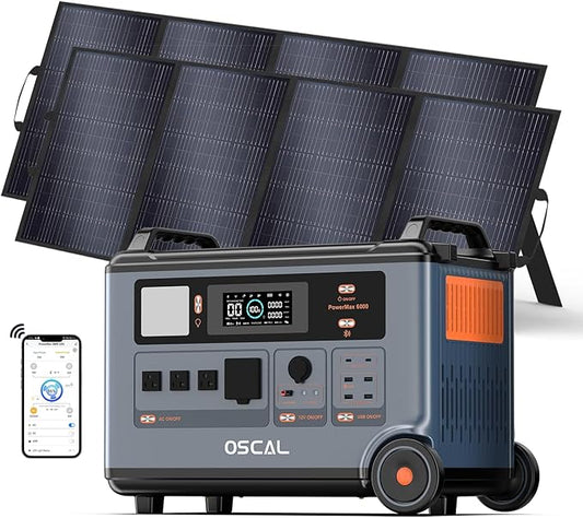 OSCAL PowerMax 6000 Solar Generator with 2x400W Solar Panel, 120V/240V Split Phase Voltage 6000W AC Outlets (7200W Peak), 2200W AC Charging/2400W PV Charging for Home, Emergency, Bank Battery Backup