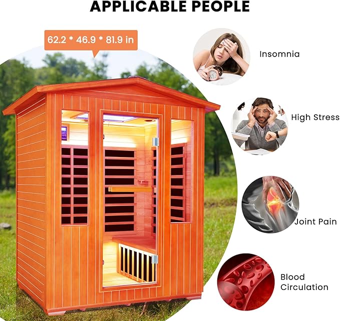 Outdoor Sauna 4 Person Infrared Saunas Outdoor Dry Sauna Room Wood Wooden Sauna Canadian Fir Red Cedar Low EMF 2600W/240V with Oxygen Bar, 7 Color Light, Control Panel, Speaker - 62.2" x 46.9" x 81.9"