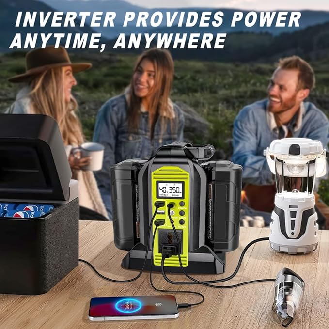 350W Power Inverter Compatible with Ryobi 40V Battery 4-Ports DC 40V to AC 110~120V Pure Sine Wave Battery Inverter with LED Light, USB-A Port,Type-C Port,DC Port for Camping Emergency Travel