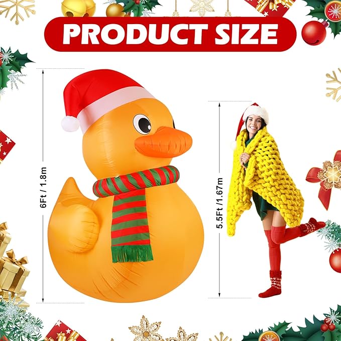 6Ft Christmas Duck Inflatable with Built in LED Lights Xmas Blow-Up Lawn Decoration for Winter Home Garden Yard Holiday Party Indoor Outdoor Decor