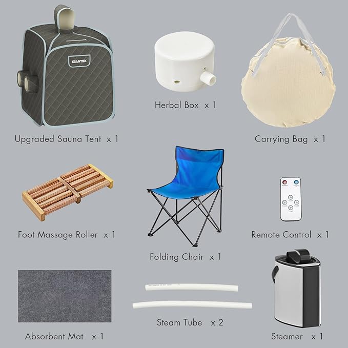 Giantex Portable Folding Sauna, 1 or 2 Person Steam Spa with Remote Control, Folding Chair, Foot Massage Roller, Absorbent Mat, 9 Temperature Levels, 3L Steamer, 800W Home Full Body Spa Tent (Gray)