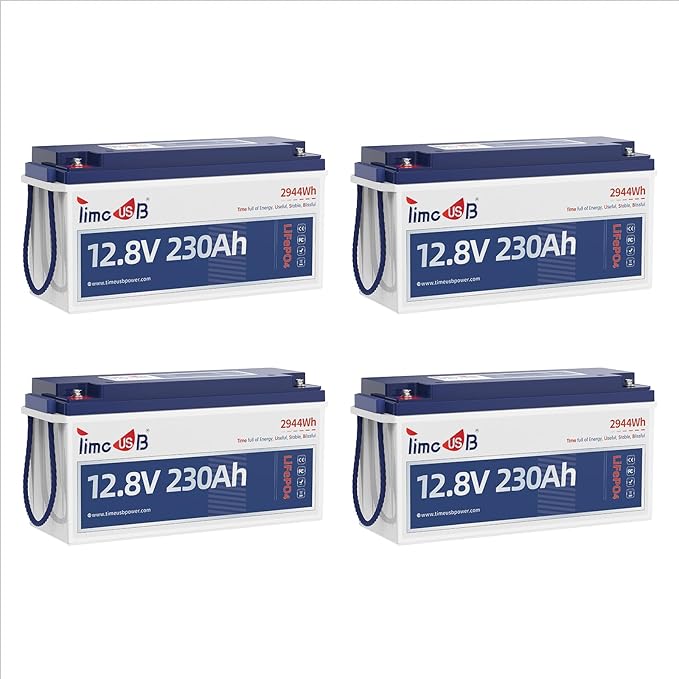 Timeusb 4 Pack 12V 230Ah LiFePO4 Battery, Built-in 150A BMS, Max. 1920W Power Output & 2944Wh Energy Lithium Battery, 15000 Cycles for Your RVs, Solar System, Off-Grid, Camper, etc