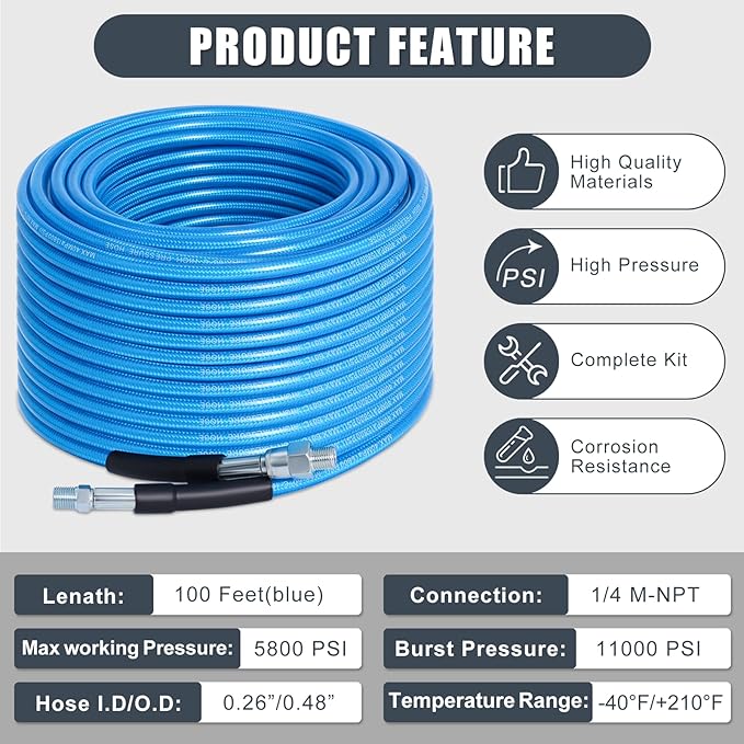 100 FT Sewer Jetter Kit for Pressure Washer, 5800PSI Water Jet Drain Cleaner Hose, 1/4 Inch NPT Corner with 4 Sewer Jetting Nozzles, Pearl Corsage Pin, Waterproof Tape, Handle Strap&2 Spanner (Blue)