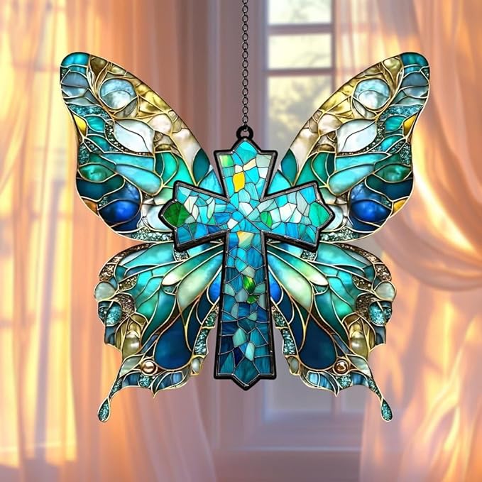 Christian Cross Acrylic Suncatcher Stained Glass Effect Window Car Hanging Christmas Ornament Indoor Outdoor Decor Garden Memorial Sun Catcher for Family Christmas Jesus Gift for Women Mom Grandma