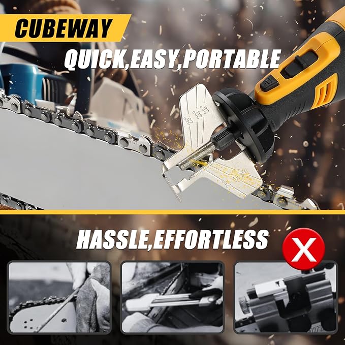 Cordless Chainsaw Sharpener Kit - Portable 8V Chain Saw Sharpener Tool with 4 Diamond Wheels & Angle Attachment, Variable Speeds, Safety Lock, Hang Ring - Ideal for All Chainsaw Chains