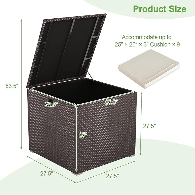 HAPPYGRILL Outdoor Storage Deck Box, 72 Gallon Square Wicker Patio Rattan Storage Container with Zippered Liner & Safe Pneumatic Rod, Outdoor Wicker Deck Box for Garden Tools Cushions