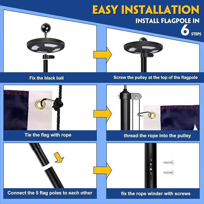 20FT Black Heavy Duty Flag Pole Kit with 3x5 Ft American Flag & Solar Light - 12 Gauge Aluminum Tubing, Resistance High Winds, Hardware Flagpole Set for Residential Commercial Outdoor Ready