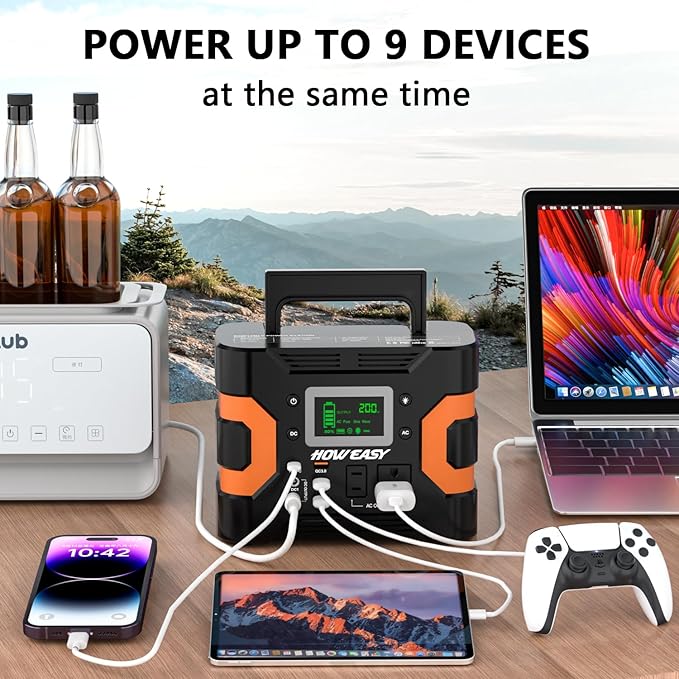 HOWEASY Portable Power Station 300W(600W Peak), 236Wh Solar Generator with Pure Sine Wave 110V AC Output, Backup Lithium Battery with LED Light for Outdoor Camping Travel Home Blackout