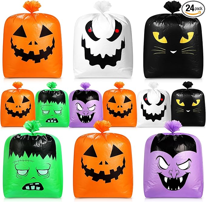 Qilery 24 Pcs Halloween Leaf Lawn Bags Plastic Pumpkin Trash Bags for Leaves with Twist Ties for Halloween Yard Garden Outdoor Party Favors Decorations