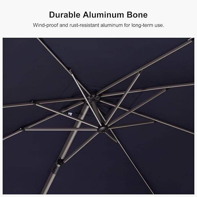 PURPLE LEAF 9' X 11.5' Patio Umbrella, Rectangle Outdoor Cantilever Umbrella, Aluminum Offset Umbrella with Champagne Frame and 360° Rotation for Pool Deck Garden, Navy Blue
