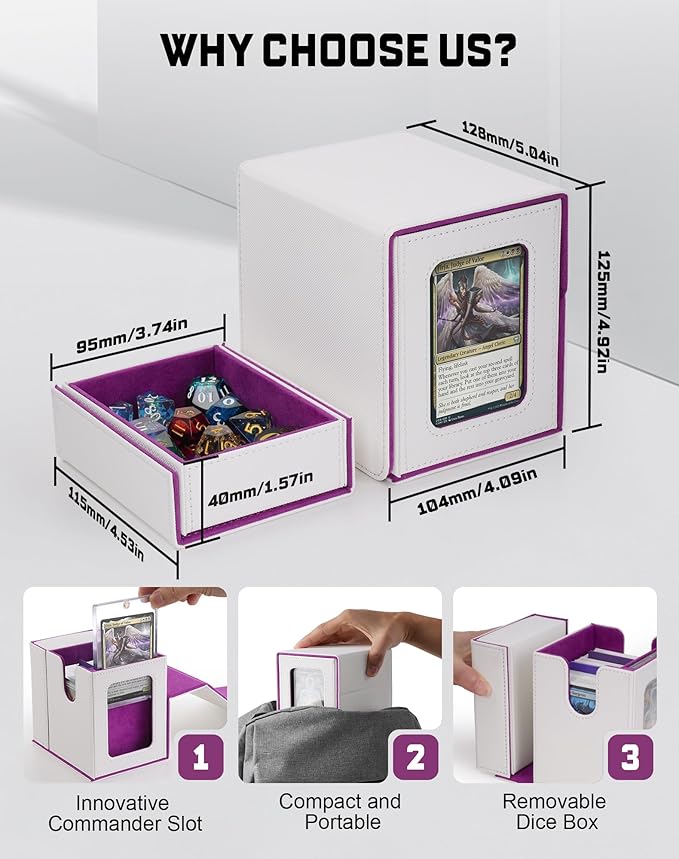 ZLCA MTG Commander Deck Box with Display Window, Card Deck Box Holds 100 Double-Sleeved Cards with Dice Tray & 35pt Magnetic Card Holder(White& Purple)