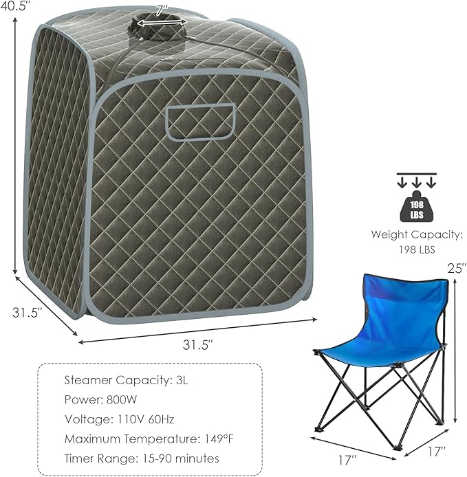 COSTWAY Portable Steam Sauna, 3L Foldable Sauna Spa with Remote Control, 9-Gear Temperature and Timer, Atomization Function, Personal Sauna Tent for Weight Loss, Detox Relaxation at Home (Grey)