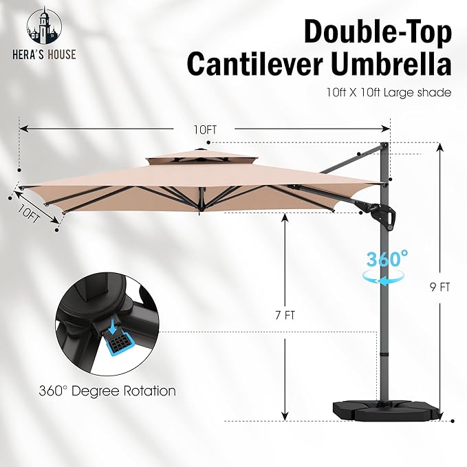 HERA'S HOUSE 10 X 10FT Cantilever Outdoor Patio Umbrella,Large Rectangle Double Top UV Resistance Windproof Umbrella with Heavy Duty 360 Degree Rotation Offset,Aluminum Pole for Garden Pool Backyard, Beige