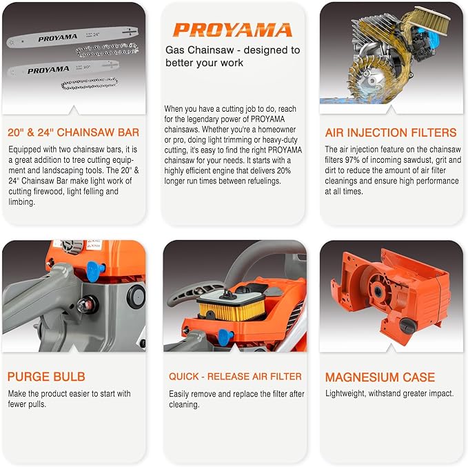 PROYAMA 68CC 2-Cycle Top Handle Gas Powered Chainsaw 24 Inch 20 Inch Petrol Handheld Cordless Chain Saw for Tree Wood Cutting