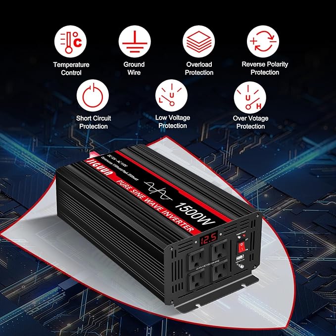 JIGUUN 3000W PeakPure Sine Wave Power Inverter 1500 Watt,12v DC to 110/120v AC Inverter 3 AC & USB Output,Power Converter LED Display for Home RV Camping Outdoor Car Truck