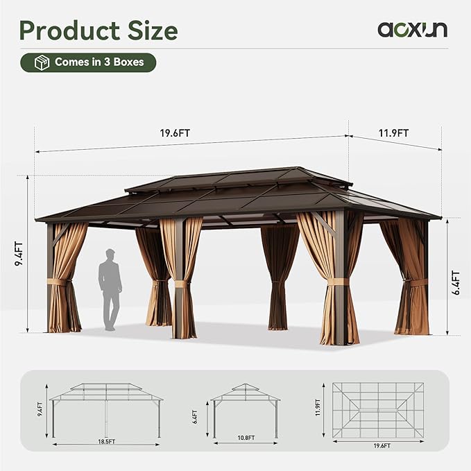 Aoxun 12'x20' Hardtop Gazebo, Aluminum Frame Permanent Pavilion with Curtains and Netting, Outdoor Polycarbonate Double Roof Canopy, Designed for Garden, Lawns, Patio
