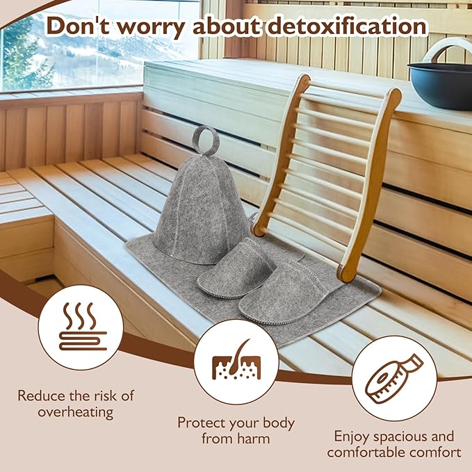 Sauna Backrest Sauna Accessories Wooden Slip-Resistant Non-Toxic Comfortable S-Shape Design Sauna Chair - Sauna Accessories with Felt Sauna Hat, Seat Pad and Slippers for Any Barrel or Infrared Sauna