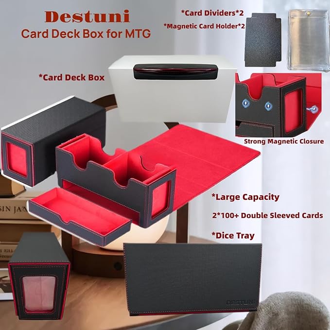 Card Deck Box for mtg – Fits 100+ Double-Sleeved Cards, Dual Commander Display with Dice Tray, PU Leather Organizer for TCG, CCG, Sports Cards (Black&Red)
