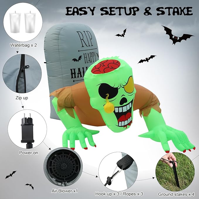 BLOOMWIN Halloween Inflatables Outdoor Decorations - 8Ft x 5Ft Scary Zombie & Tombstone Halloween Inflatable with Built-in LED Lights, Halloween Blow up Yard Decorations for Garden Patio Decor Indoor