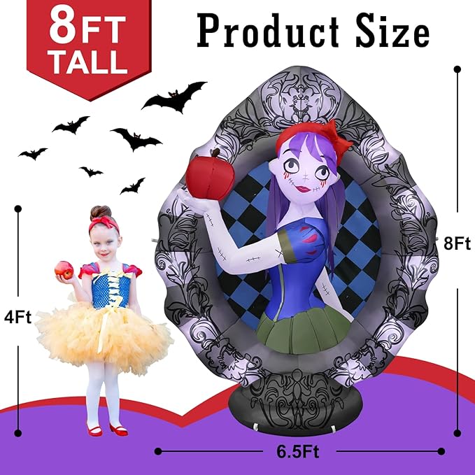 8Ft Tall Giant Halloween Inflatables Snow White Outdoor Decorations, Blow Up Magic Mirror Yard Decor Build-in Flash Lights for Outside Party Lawn Garden