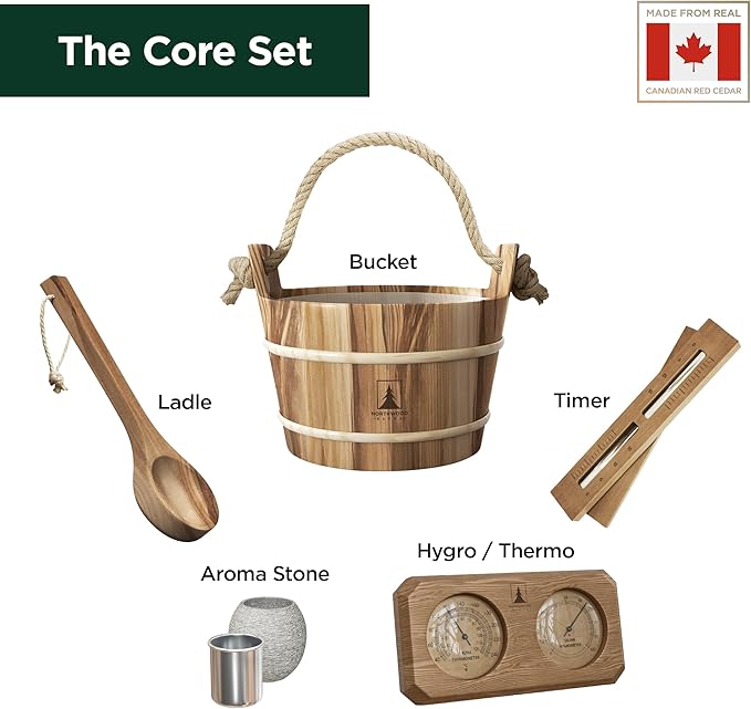 Sauna Accessories Kit - Handmade from Canadian Red Cedar Wood - Core Set (Bucket & Ladle, Thermometer & Hygrometer, Sand Timer, Aromatherapy Cup)