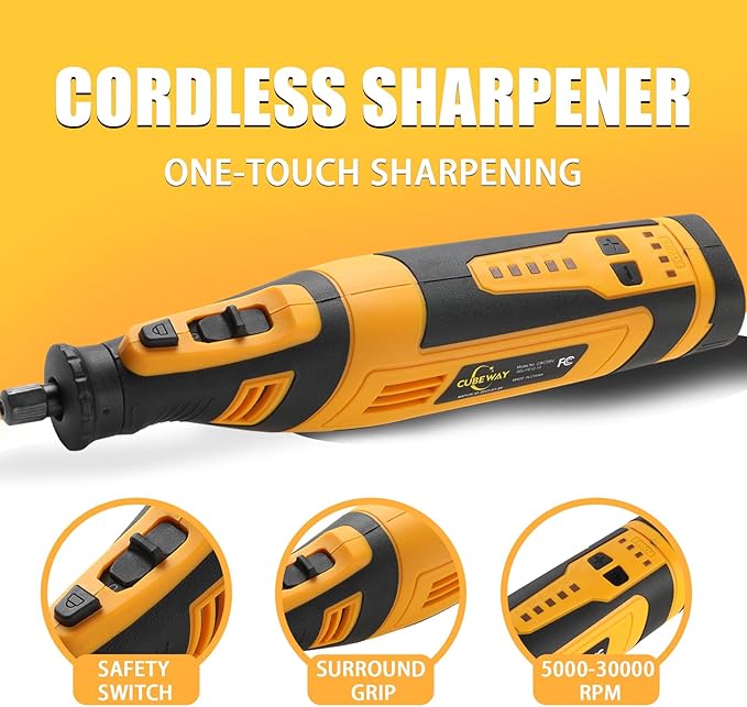 Cordless Chainsaw Sharpener Kit - Portable 8V Chain Saw Sharpener Tool with 4 Diamond Wheels & Angle Attachment, Variable Speeds, Safety Lock, Hang Ring - Ideal for All Chainsaw Chains